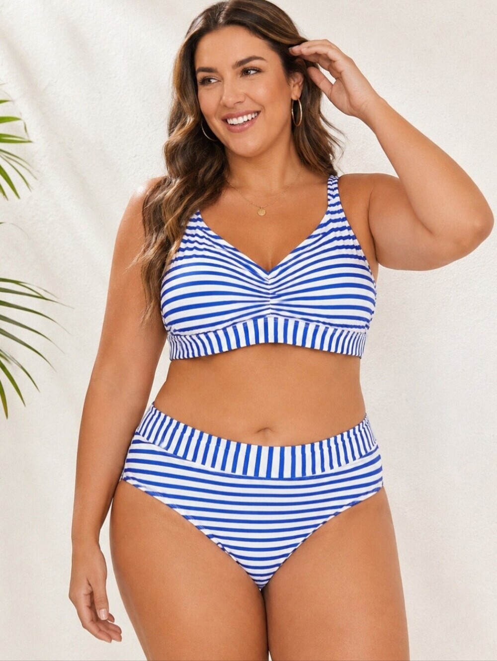Kona Sol Blue White Stripe Bikini Swimsuit Set Top 16W Bottom XL Padded Beach